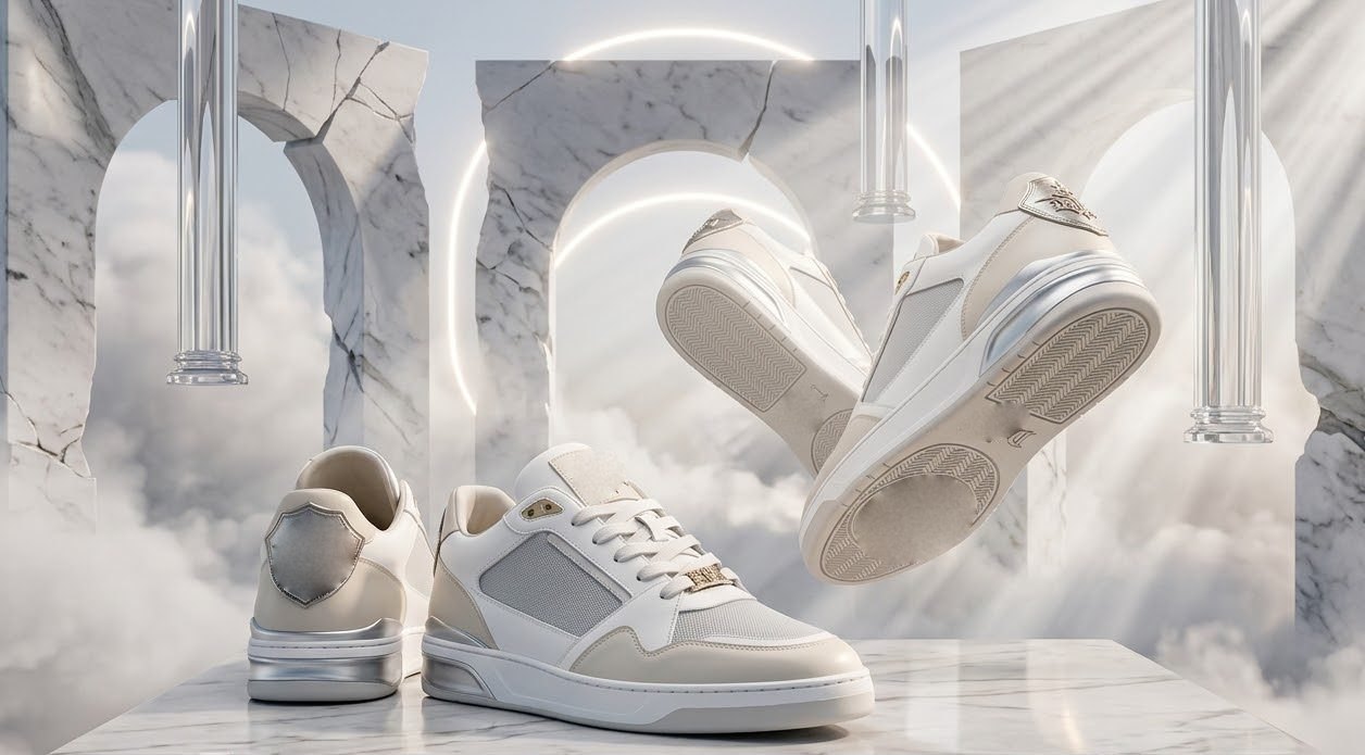 Ivory Phantom Court Low, a clean ivory calf leather court sneaker on a stitched cupsole, concept render